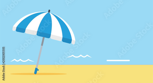 beach umbrella with blue and white stripes on yellow sand
