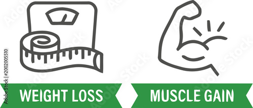 Fitness Transformation Icons Set for Weight Loss and Muscle Gain with Scale Measuring Tape and Bicep