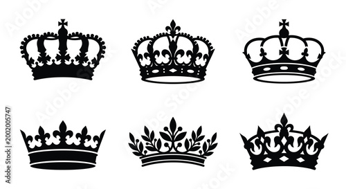 Set of black crown silhouettes with ornate details silhouette