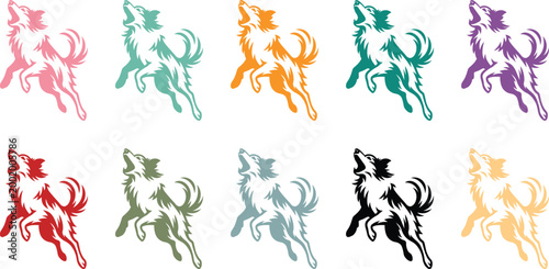 Colorful Dog Silhouettes Jumping and Howling Set, Vibrant Dog Silhouette Collection Playful Animal Poses
