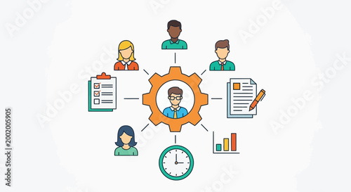 teamwork concept with people and icons around a central gear