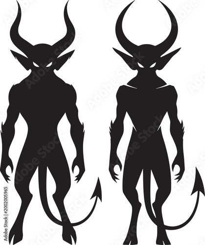 Two horned demons with tails in silhouette mythical creatures white background creature design graphic element monster art monsters silhouette isolated halloween illustration character