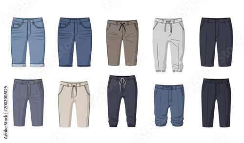 Mens pants vector set with jeans chinos joggers and trousers in modern flat fashion style for ecommerce apparel design isolated on white background