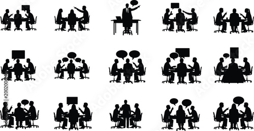 Business People silhouettes set Meeting and Collaboration Group Office Workers Discussion Teamwork Communication Collection for Presentation