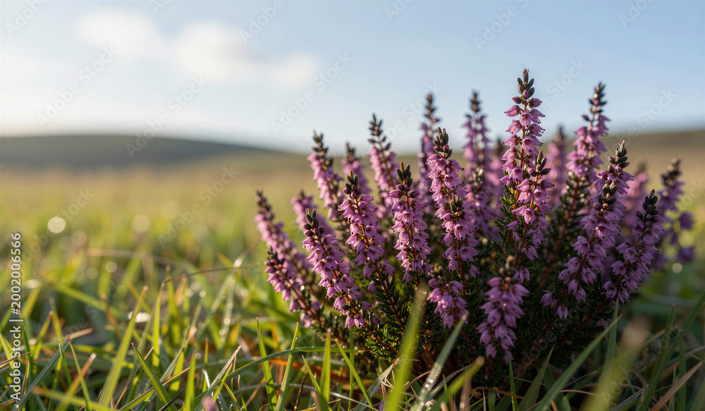 Obraz premium Heather plant blooming in grassy meadow with distant hills