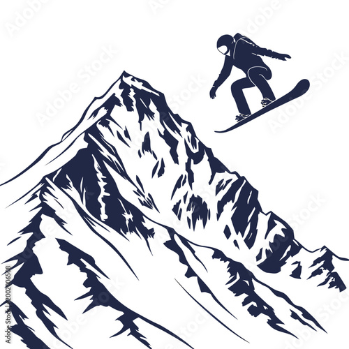 Dynamic silhouette of a snowboarder jumping mid-air in front of a majestic high snowy mountain peak with snowboarding snowboarder mountain adventure silhouette recreation activity lifestyle