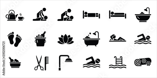 Collection of black silhouette icons representing various wellness and personal care activities