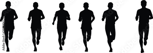 Set of six marathon runners in frontal view, black vector silhouettes of athletes jogging and sprinting in a row isolated on white.
