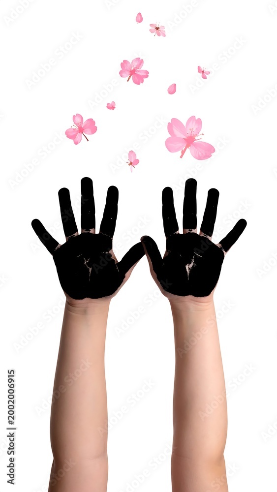 Fototapeta premium Black Handprints and Flowers.