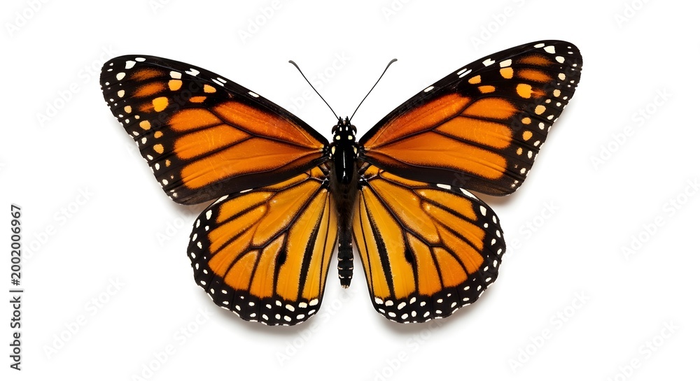 Obraz premium Detailed Top View of a Monarch Butterfly Isolated on White Background with Vibrant Orange and Black Wings for Nature and Wildlife Design