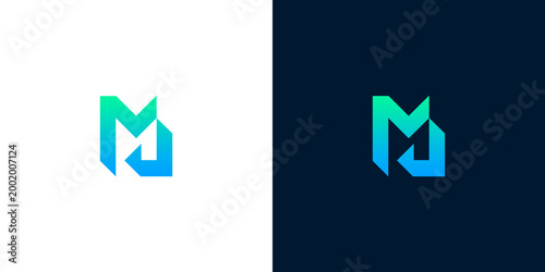 Modern M logo design with blue and green gradient and minimalist abstract geometric shape, perfect for business branding and corporate identity