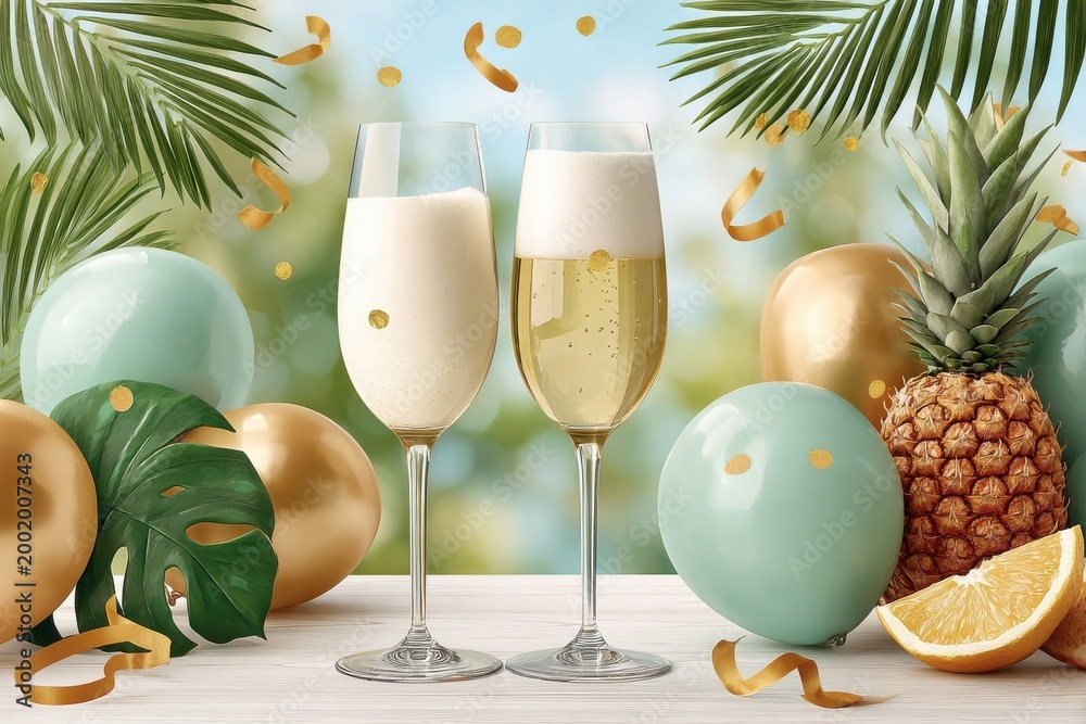 Fototapeta premium Champagne glasses with tropical balloons, pineapple and confetti for a summer celebration