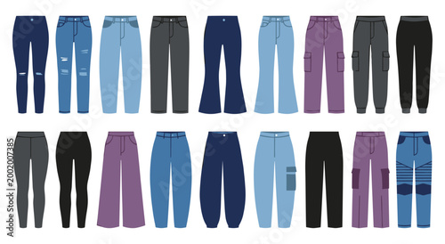 Selection of fashionable women's trousers including jeans, cargo pants, flared, and leggings. Casual and stylish bottoms in denim, cotton, and synthetic fabrics, suitable for everyday wear.