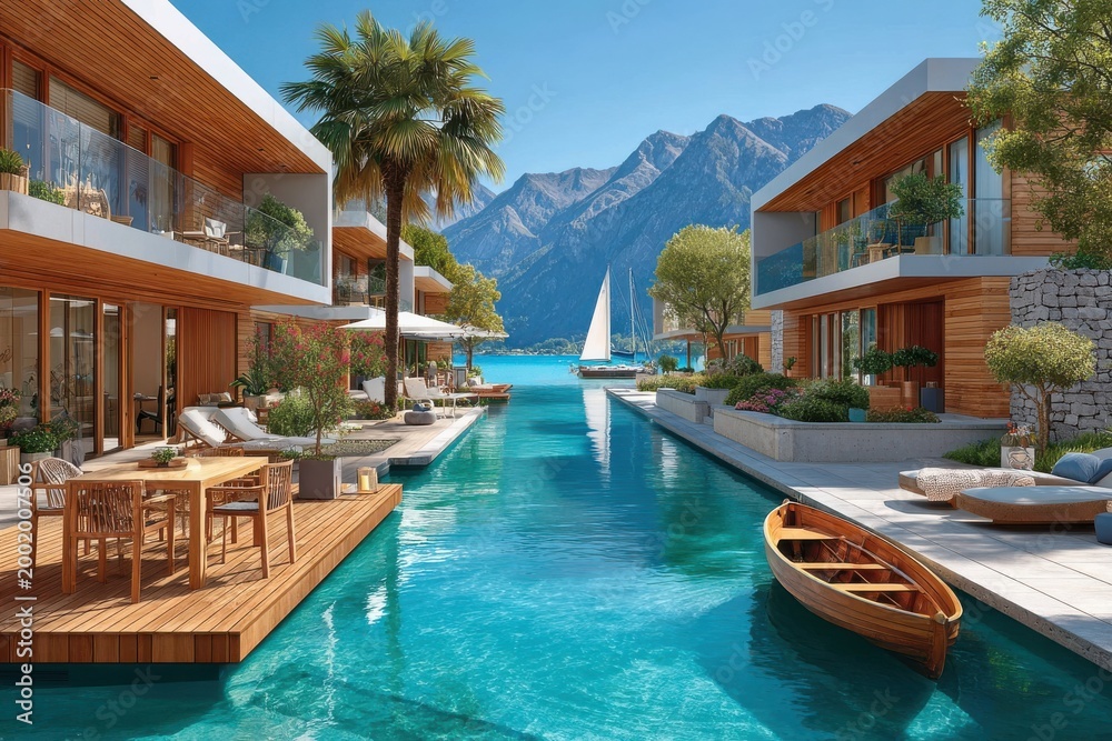 Fototapeta premium Luxury waterfront villas with turquoise canal, wooden decks and mountain views