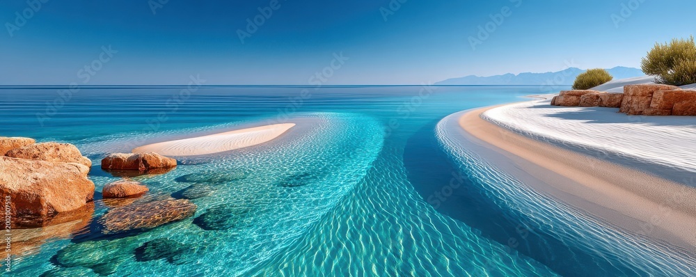 Fototapeta premium Tranquil turquoise sea, clear blue sky and white sand beach with rocky coastline