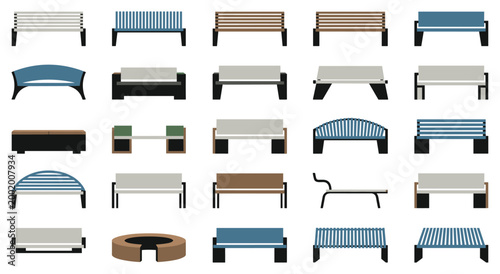 Collection of street furniture designs for parks and gardens. Flat vector illustrations of wooden and metal seating. Diverse bench styles for landscape architecture and city planning projects.