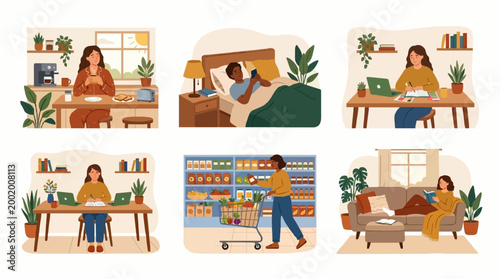 Set of people performing daily activities at home and in public places