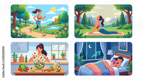 Healthy lifestyle habits collage featuring exercise yoga nutrition and sleep