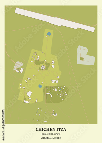 Detailed architectural site map and layout of Chichen Itza in Yucatán, Mexico.