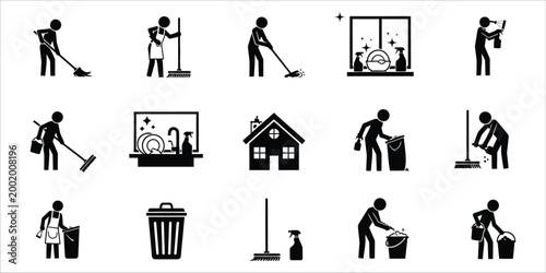 Black silhouette icons depicting various house cleaning activities and tools