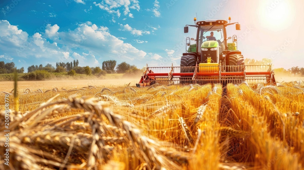 Fototapeta premium Harvester cutting Khorasan wheat in rural field under sky