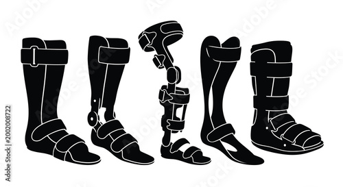 Collection of orthopedic braces and supports black silhouette