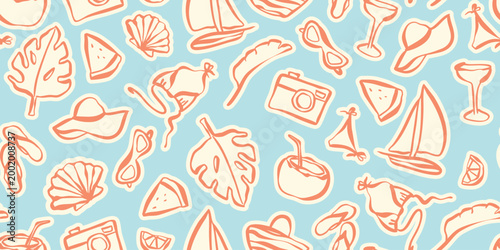 Summer vacation seamless pattern. Hand drawn beach icons doodle. Sun hat, surfboard, camera, cocktail, tropical leaf, seashell, swimsuit, flip flops in line art. Blue background. Vector illustration.