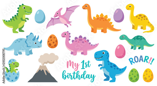 Collection for a baby's first birthday with a dinosaur theme. Features cute dinosaurs, eggs, volcano, and text. Perfect for party invitations and decorations.