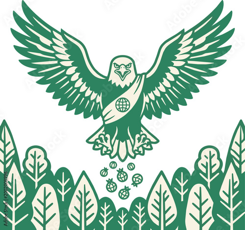 Eagle sowing seed bombs mascot character in flat vector style