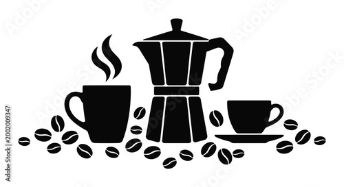 Coffee pot cup and beans composition black silhouette