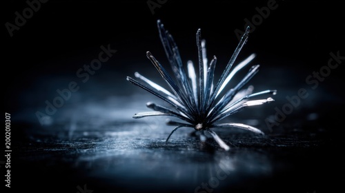Delicate Spray of Metallic Stibnite Crystals in Dark Geological Setting