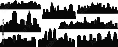 Urban city skyline and skyscraper silhouette set, featuring a detailed metropolitan horizon and eight individual modern building vector icons isolated on white.