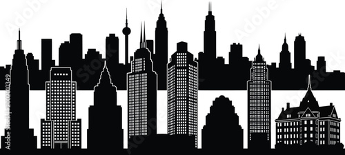 Urban city skyline silhouette collection, set of eight diverse black vector metropolitan landscapes and skyscraper horizons isolated on white background.