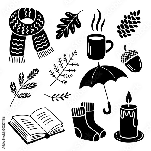 Minimalistic autumn vector with a knitted scarf, a cup, an acorn, a pine cone, and an antique book