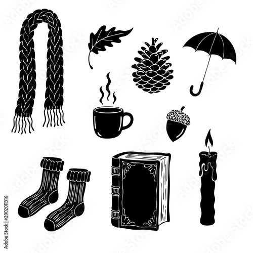 Black and white hand-drawn autumn vector graphics with a pine cone, acorn, umbrella, scarf, and a burning candle