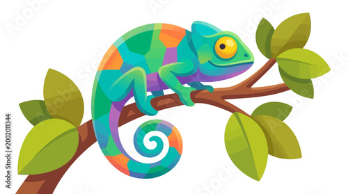 Colorful chameleon perched on a tree branch illustration for educational or design projects