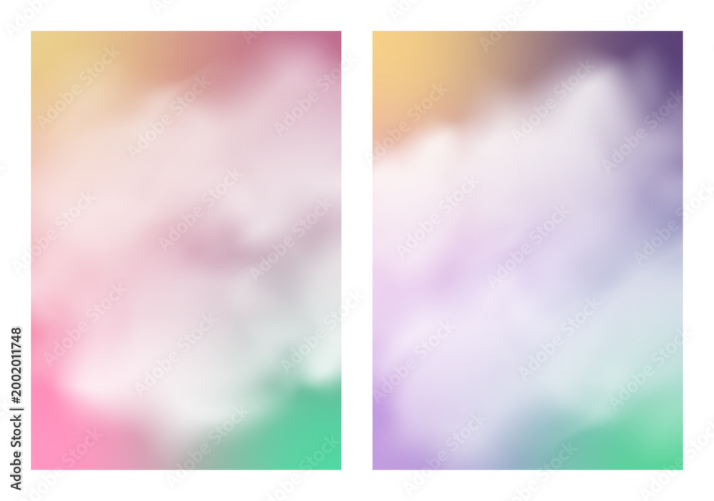 Fototapeta premium Abstract summer poster templates. Vibrant rainbow multicolor background with white clouds and soft steam. Set of 2 A4 layouts with copy space for text, gradient design for social media, banner, cover.
