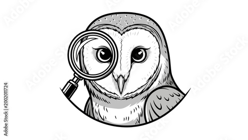 Photos Barn Owl with Magnifying Glass, Symbolizing Wisdom, Research, and Discovery