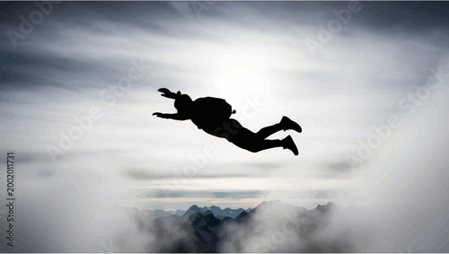 Skydiver silhouette freefalling above misty mountains, dramatic sky, extreme sports adventure