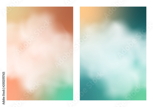 Abstract summer poster templates. Vibrant rainbow multicolor background with white clouds and soft steam. Set of 2 A4 layouts with copy space for text, gradient design for social media, banner, cover.