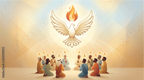 Christian pentecost illustration featuring the holy spirit dove descending with tongues of fire above a diverse group of devout apostles kneeling in prayer within a soft radiant golden atmosphere