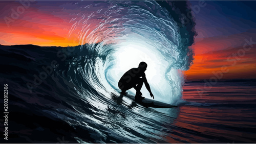 Silhouette Surfer Riding Barrel Wave at Sunset