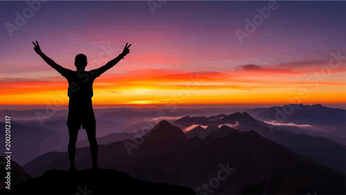 Silhouette of a hiker celebrating on a mountain peak at sunset with arms raised in victory.