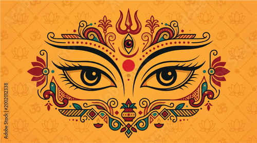 Traditional indian durga goddess face close up with ornate patterns and symbols on yellow background