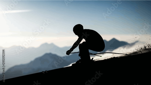 Silhouette of skier descending a snowy mountain slope against a hazy blue sky and distant peaks.
