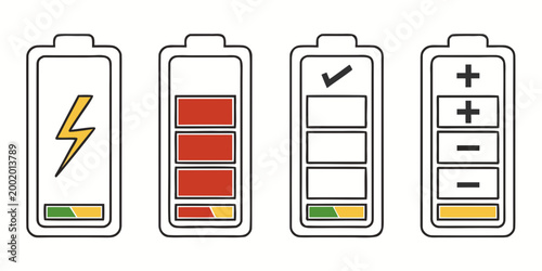 Valokuva Battery status and charging progress icons with checkmark and polarity symbols i
