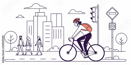 Photos Line art illustration of a person cycling in a city with traffic lights and pede