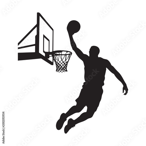 Basketball player dunking silhouette vector illustration of athlete jumping high with ball isolated on transparent background sports concept.
