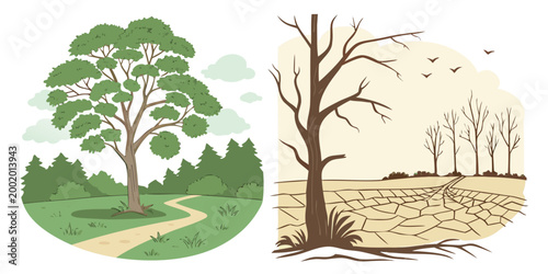 Fotografie Climate change concept comparison healthy forest versus drought land with enviro
