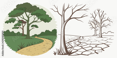 Εκτύπωση καμβά Environmental comparison showing lush green forest versus barren drought soil wi